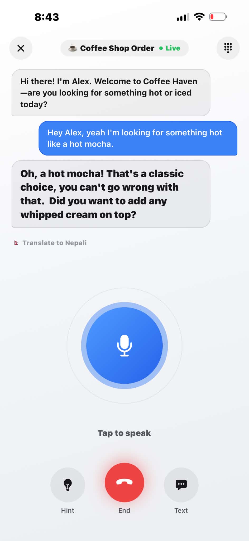 Bhasha app showing an AI role-play voice conversation